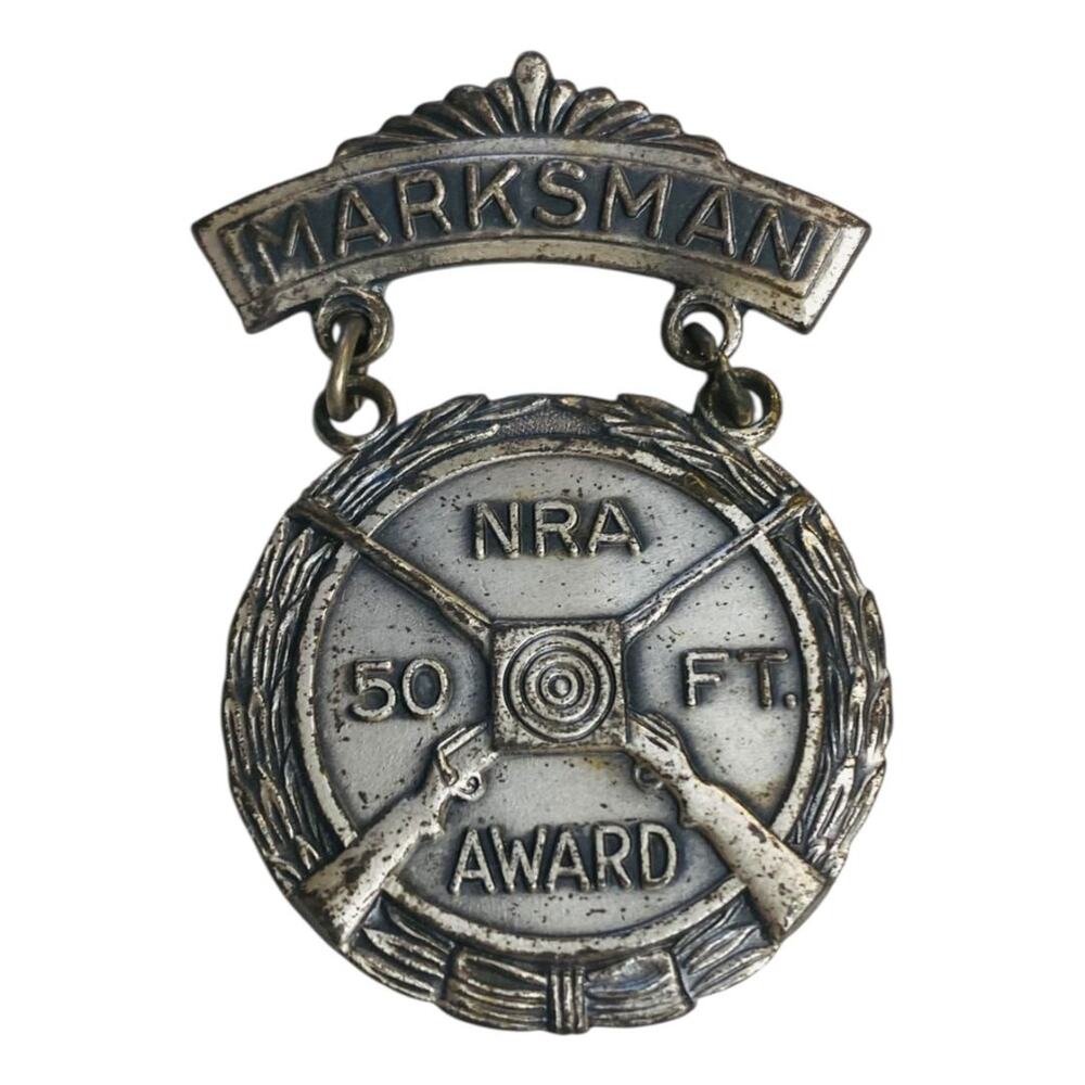 Vintage NRA Marksman 50ft Award Pin Badge Medal 1.9"‎ Silvertone Blackinton
